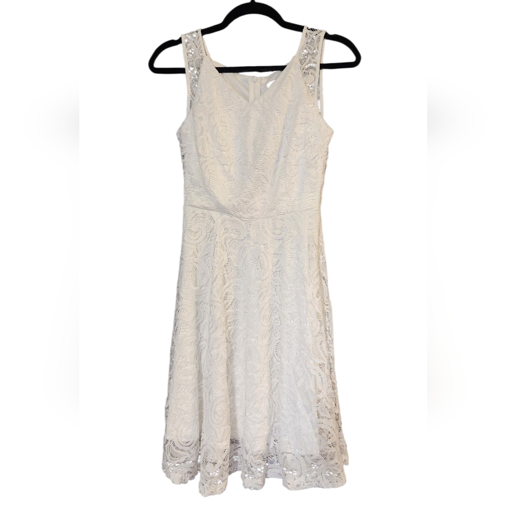 White Lace V-neck Sleeveless Midi Dress, Wedding, Date, Party, XS